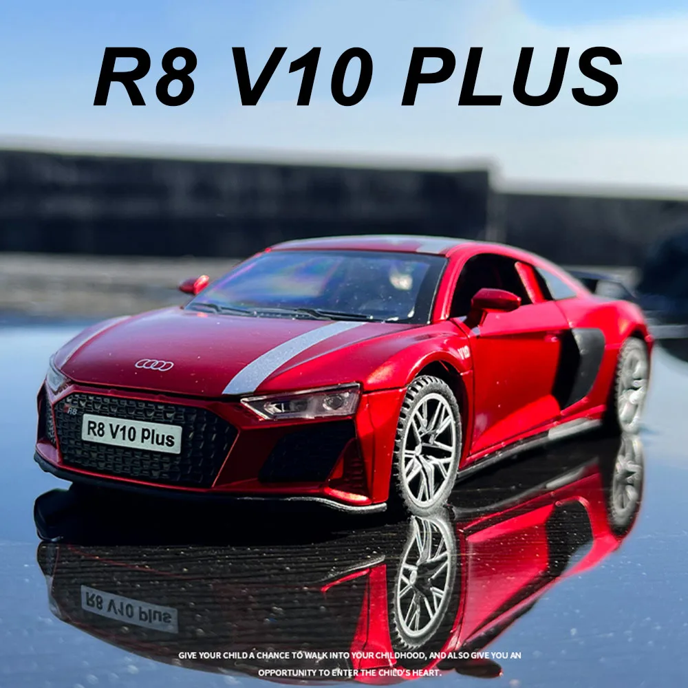 รถของเล่นโมเดล R8 V10 PLUS E-TRON ขนาด 1:32 ผลิตจากโลหะผสม พร้อมยางแบบยาง  มีเสียงและไฟ  แบบดึงหลัง  ของขวัญวันเกิดสำหรับเด็ก
