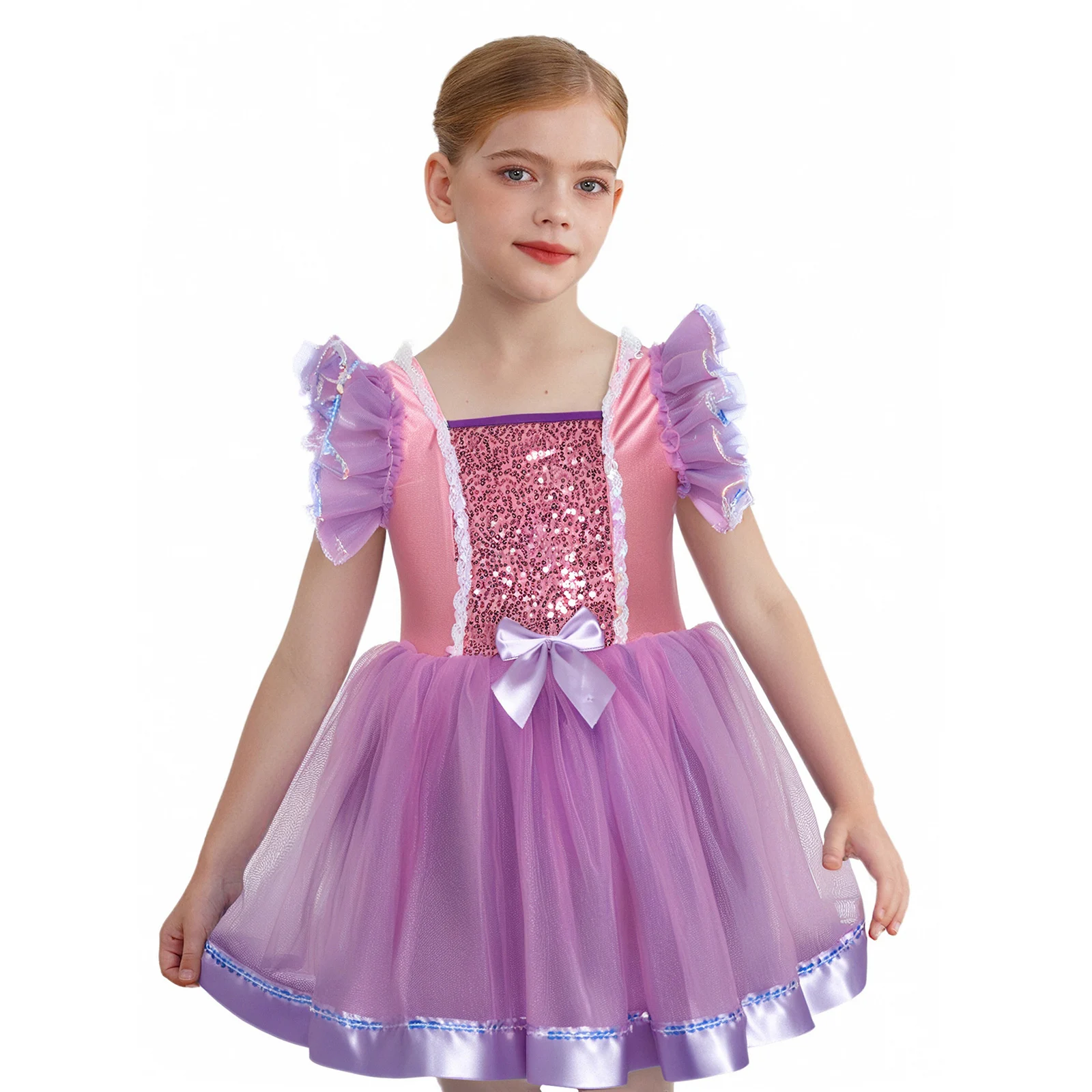 

Kids Girls Ballet Dance Performance Costume Ruffled Sleeves Sequins Bodice Bowknot Layered Tutu Dress+Headwear+Pantyhose Outfit