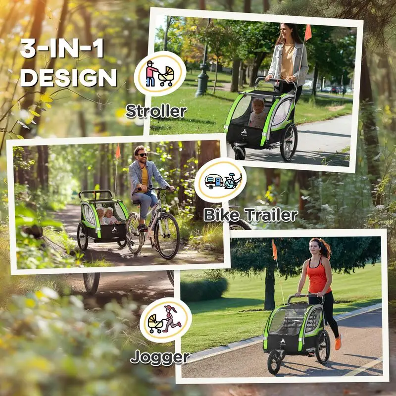 3-in-1 kinderfietskar voor kinderen, jogger en wagen, weerbestendige dubbele fietskar, hoge zichtbaarheid en stevig