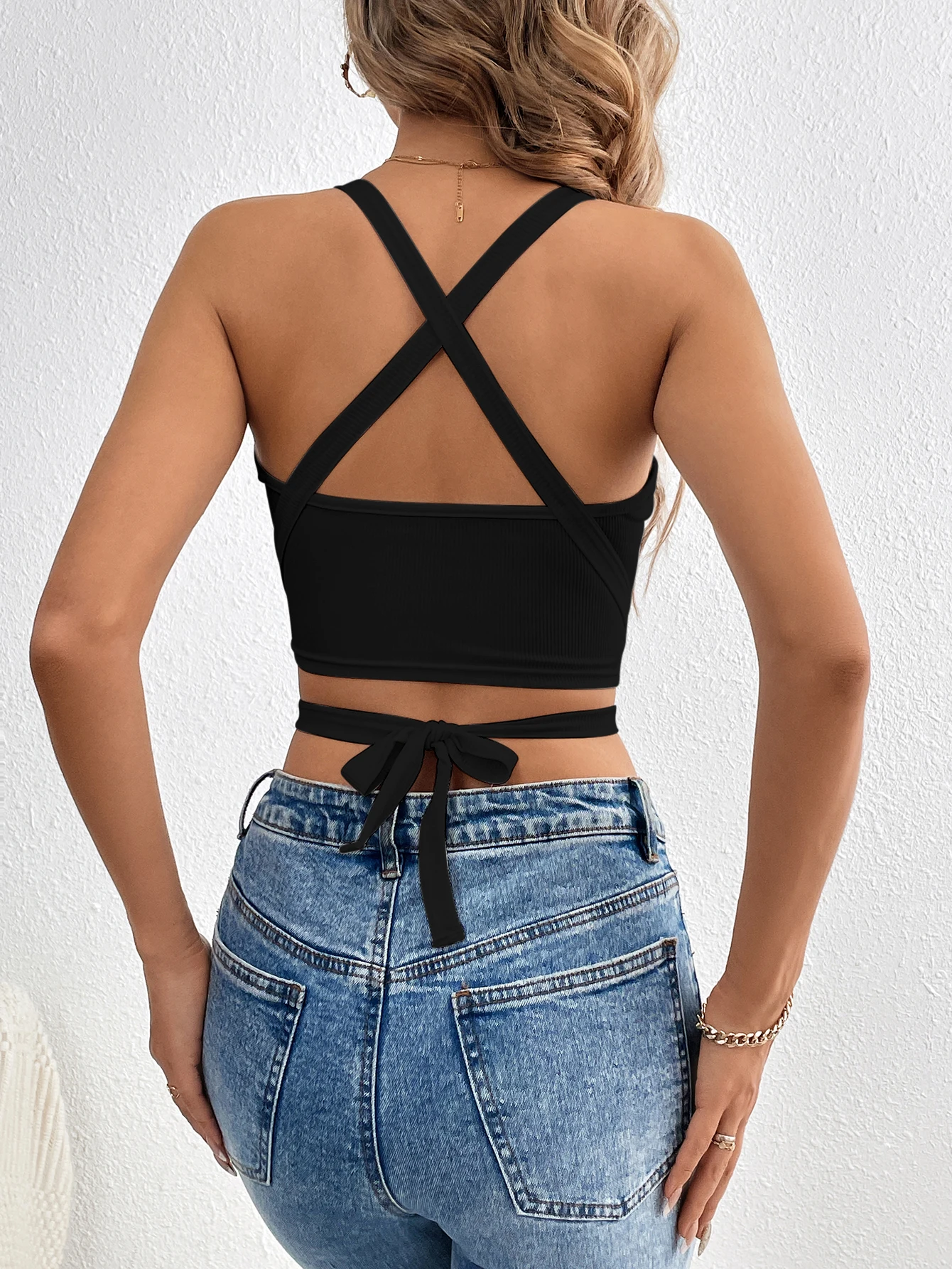 Solid Crisscross Halter Top, Tie Back Sleeveless Party Wear Top, Women's Clothing