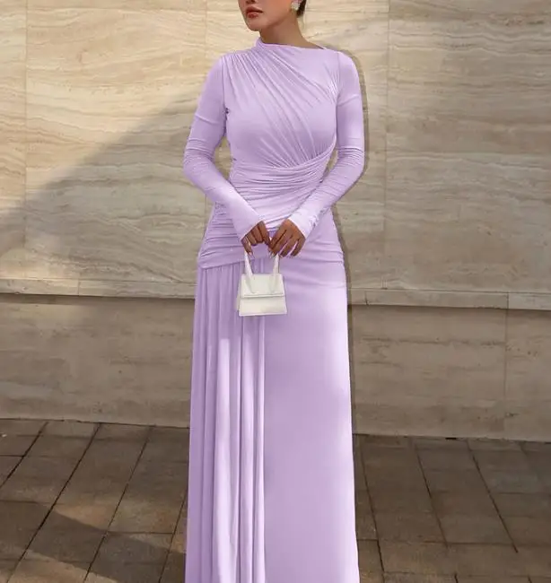 

Women Dresses 2026 Spring Autumn New Fashionable Temperament Solid Color Round Neck Long Sleeved Pleated Slim Fit Long Dress