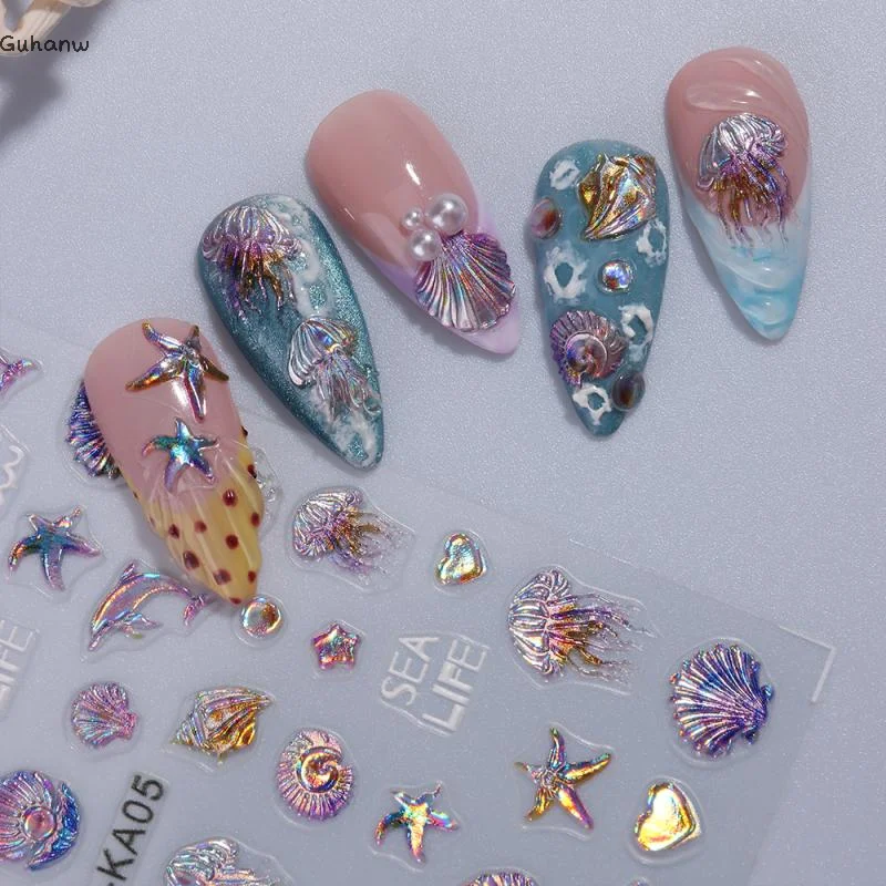 

Embossed Jellyfish Shell Ocean Nail Art Sticker Self Adhesive Marine Life Whale Nail Decals Manicure DIY Supplies Nails Slider