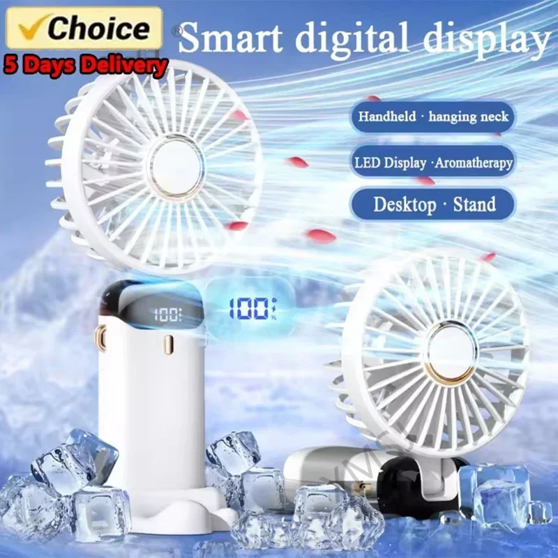3000mAh Handheld Mini Fan Foldable Portable Neck Hanging Fans 5 Speed USB Rechargeable Fan with Phone Stand and Display Screen