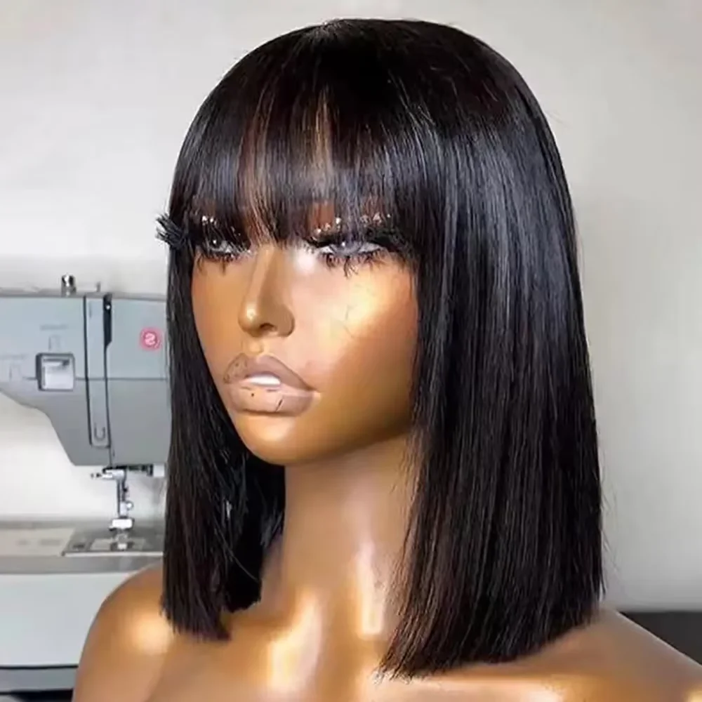 Perruque Bob Courte Droite avec Frange, Densité 180%, Lace Front 3x2, Cheveux Humains, pour Femmes