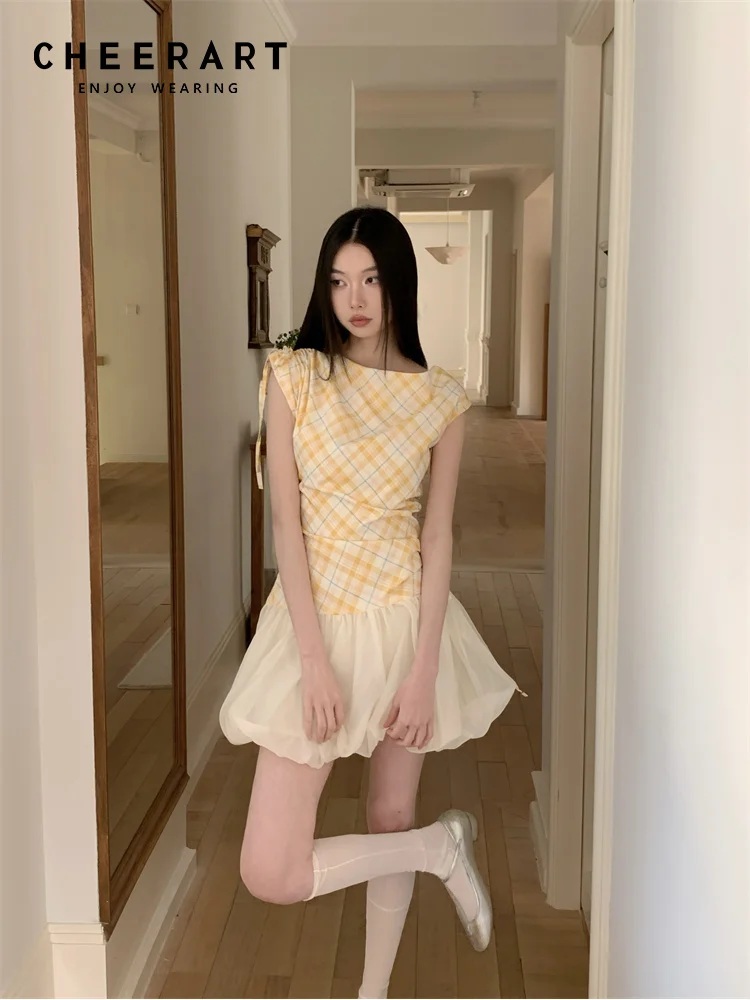 CHEERART Yellow Plaid Designer Bud Short Dresses Summer Sleeveless Drawstring Patchwork Ball Gown Cute Mini Dress Woman Clothes