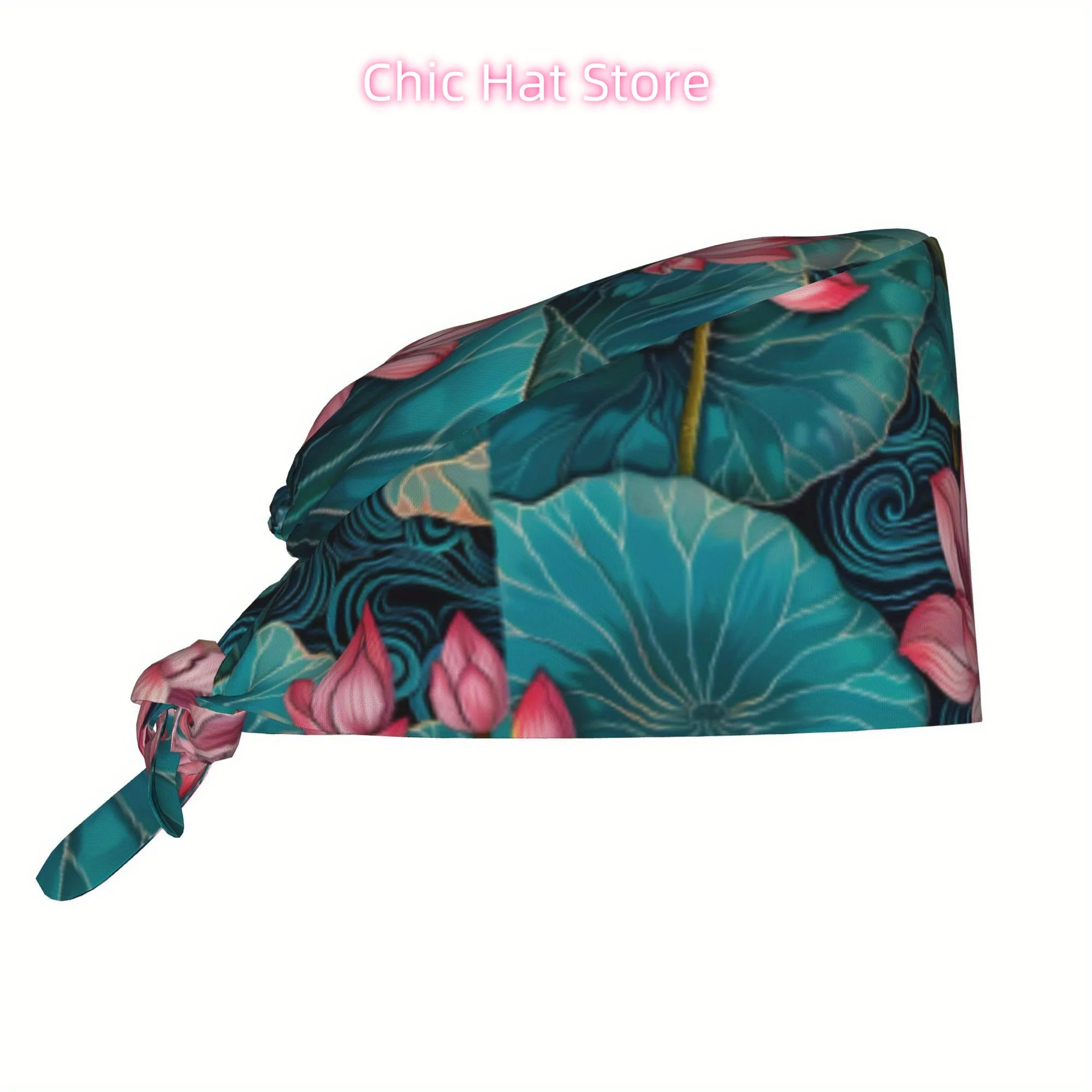 1pc Lotus Unisex Fashionable Printed Work Cap - Lightweight Adjustable Skull Cap with Tie-Back for Nurses, Dustproof Chef & Cook