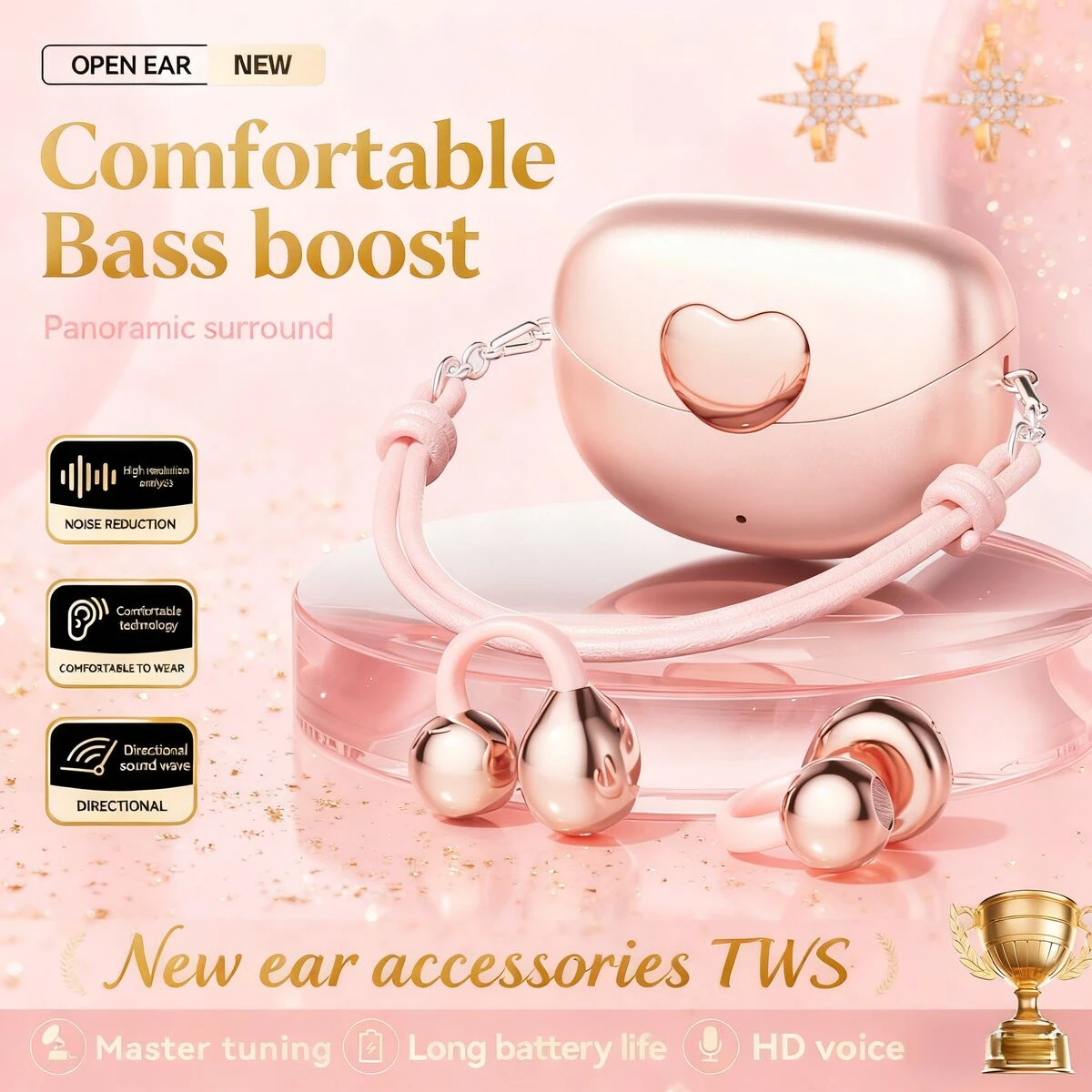 

Cute Heart-Shaped Wireless Bluetooth Ear Clip Headphones Portable Long Battery Life HIFI Headsets With Handbag Charging Case