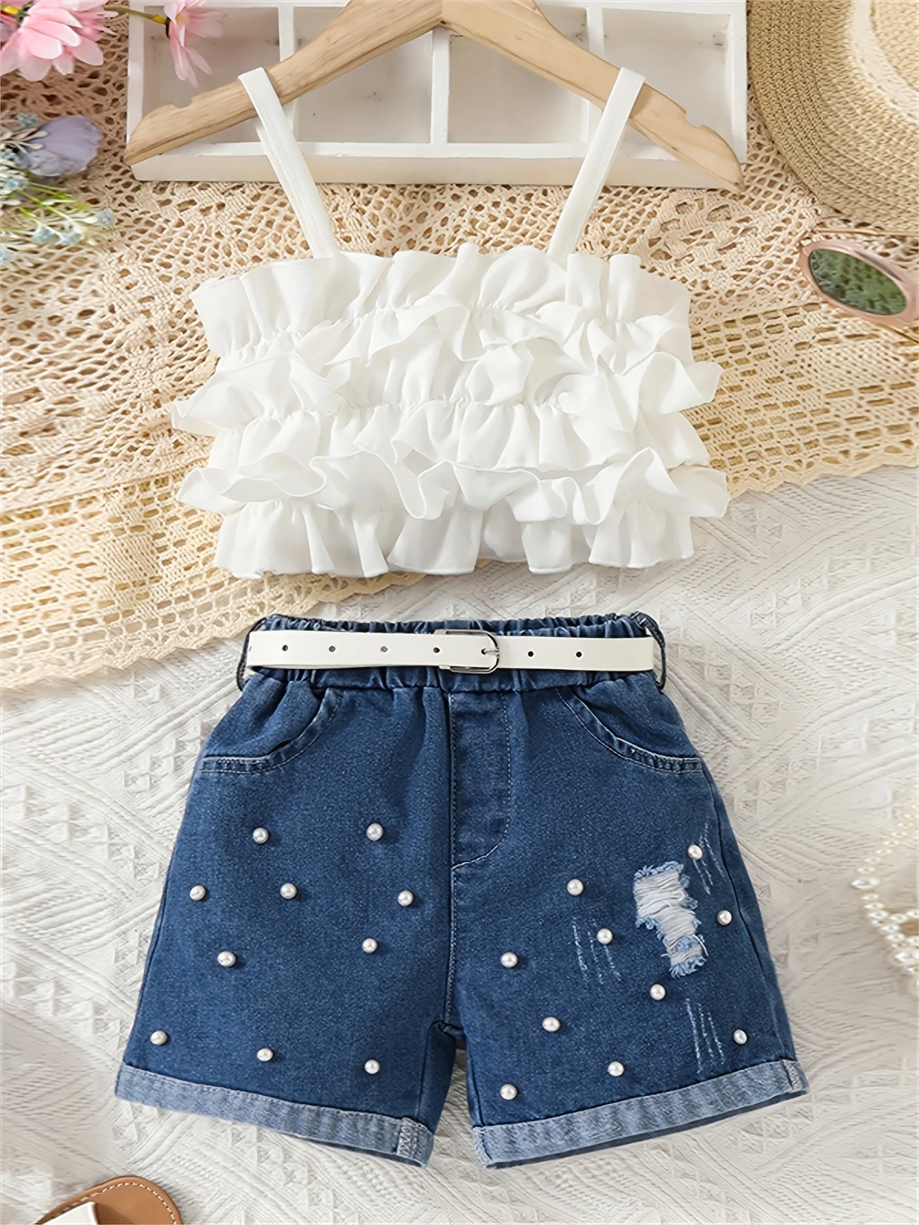 Sweet Sling Tube Top + Beaded Denim Shorts 2-Piece Girl\'s Set, Holiday Going Out Girls Summer Clothes, Gift