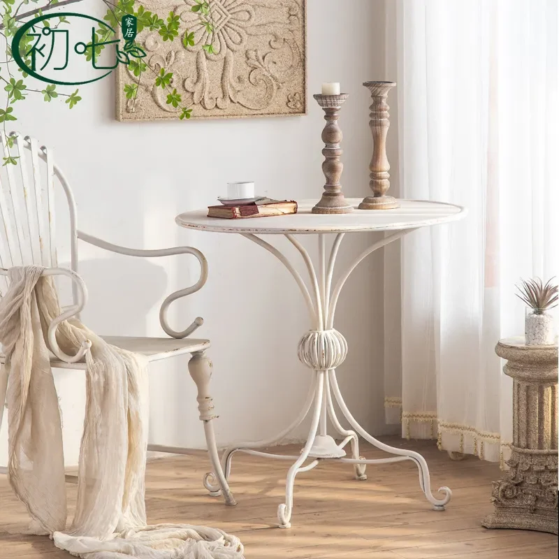 Vintage American Country Wrought Iron Small Round Coffee Table for Living Room Hotel Lobby Casual Side End Table with Metal