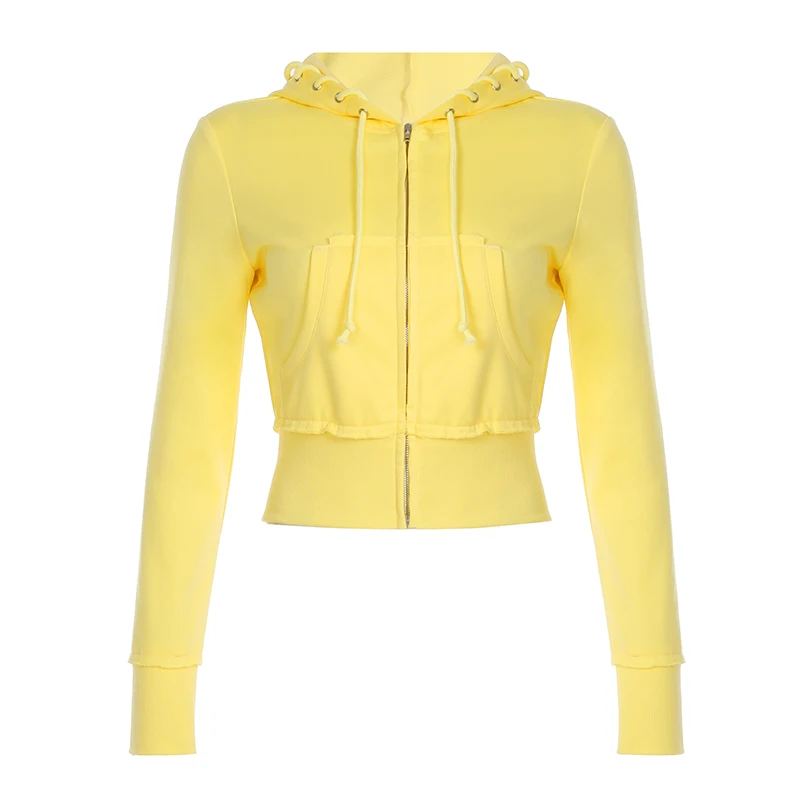 IAMHOTTY Tie-up Hooded Cropped Hoodie Cardigan Yellow Pink Color Zipper Jackets Autumn Casual Basic Thin Coat Ladies Sportwear