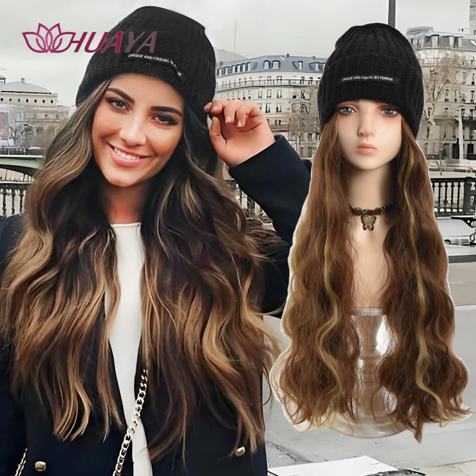 Knitted Hat Wig Hair Extensions Autumn Winter Hat with Black/Blonde Long Wavy Synthetic Hairpiece for Women - Black Beanie