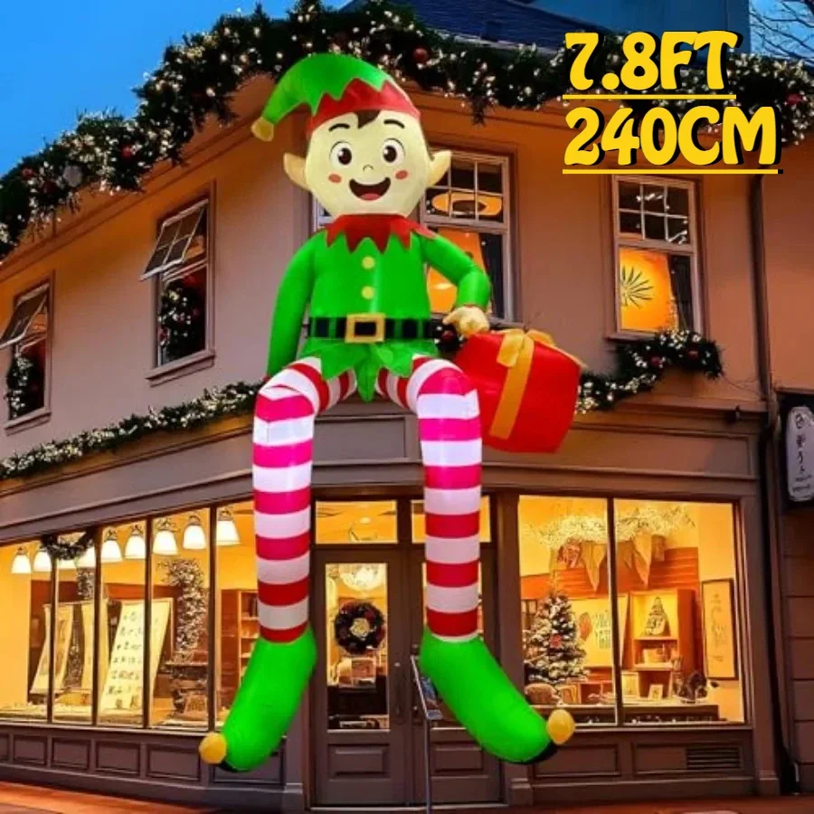 

8 FT Christmas Inflatable Outdoor Holiday Decorations Sitting Elf Hold Gift Bag Blow Up Christmas Yard Decor Builtin LED Lights
