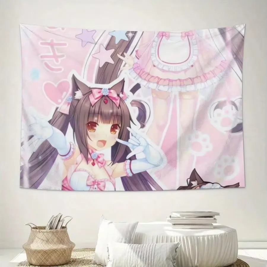 Anime Maid Cat Girl Tapestry  Adorned With Soft Pink JapaneseStyle Wallpaper Accented With Cute Cat Patterns Suitable For Hangin