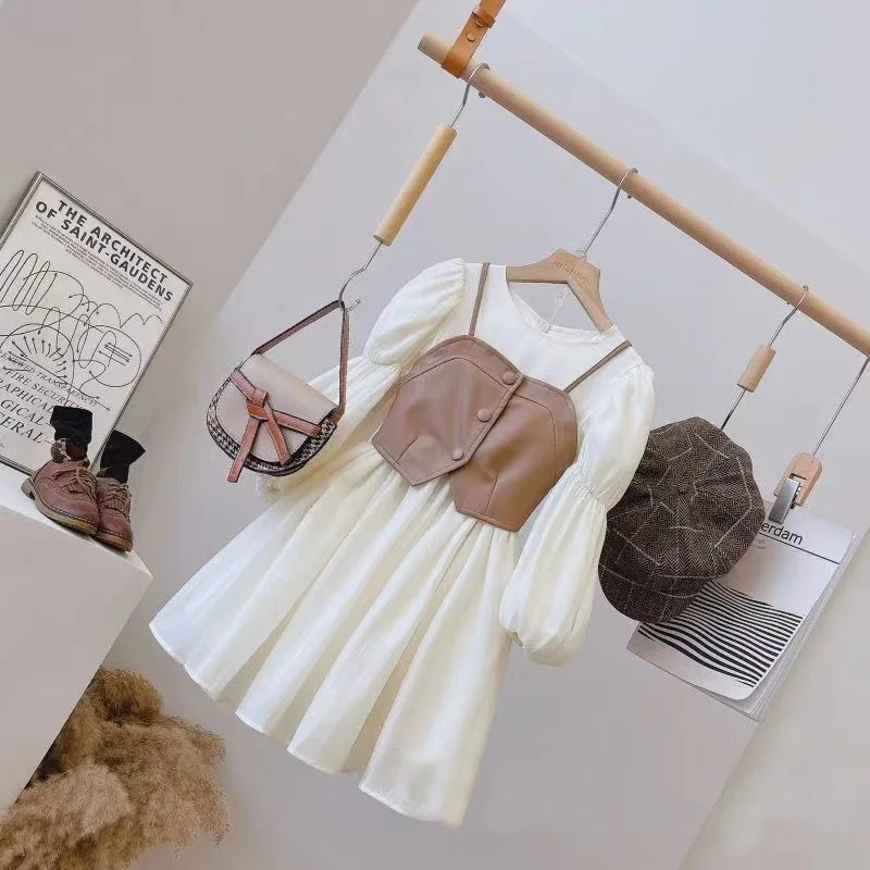 Frühling Herbst Mädchen Kleid Set Langarm Kinder Retro Pu Leder Weste Kleid Set Teenager-Mädchen Kleidung Anzug 4 6 8 12y – Detail 17