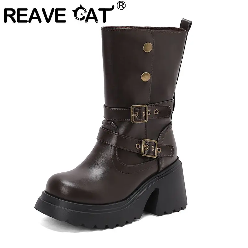 

REAVE CAT Брендовые женские ботинки до середины икры в стиле ретро с круглым носком на массивном каблуке 8 см на платформе 3,5 см с пряжками на ремне, большие размеры 43 44 45