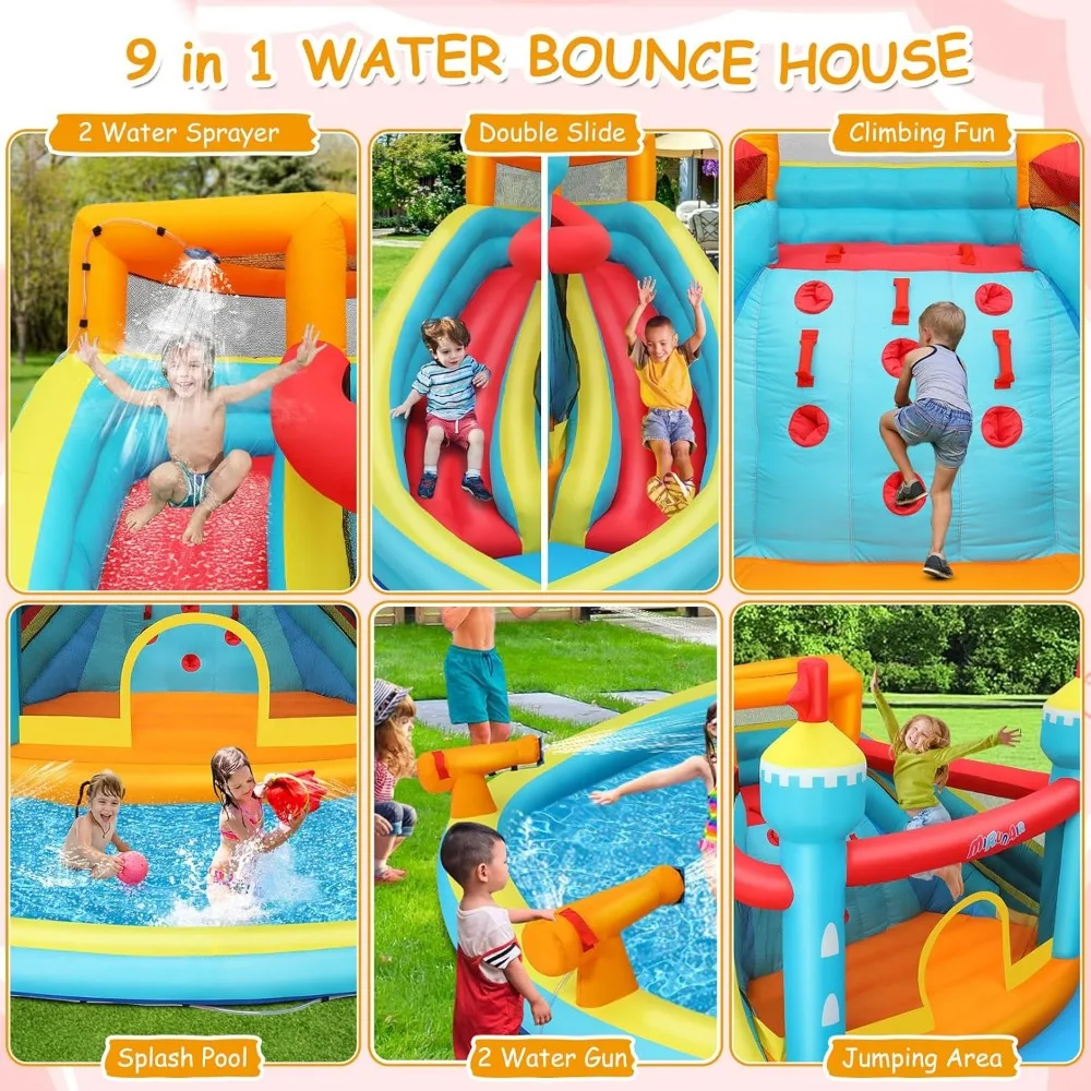 Whubefy 14.1x13.8Ft Rumah Bouncing Seluncuran Air Tiup untuk Anak-anak, Rumah Goyang Seluncuran Air Tiup Kastil Lompat dengan 2 Seluncuran