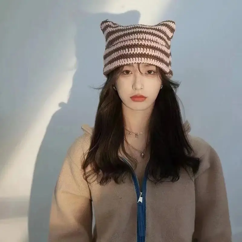 

Cat Ear Striped Wool Caps Winter Warm Knitting Hat Japanese Cute Beanie Hats For Women Y2K Wool Knitted Streetwear Bucket Cap