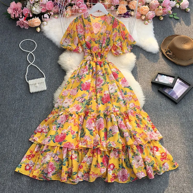 

lusumily Floral Long Dress Women Summer Sexy Beach Dresses Female Sweet Casual Ruffles Chiffon Sundress Long Robe Vestidos