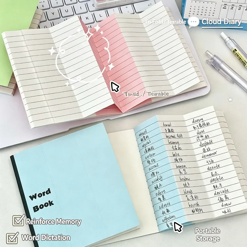 Foldable Word Book Set of 4, Tearable Vocabulary Notebook, Rainbow Macaron Pocket Memory Book, Student Stationery