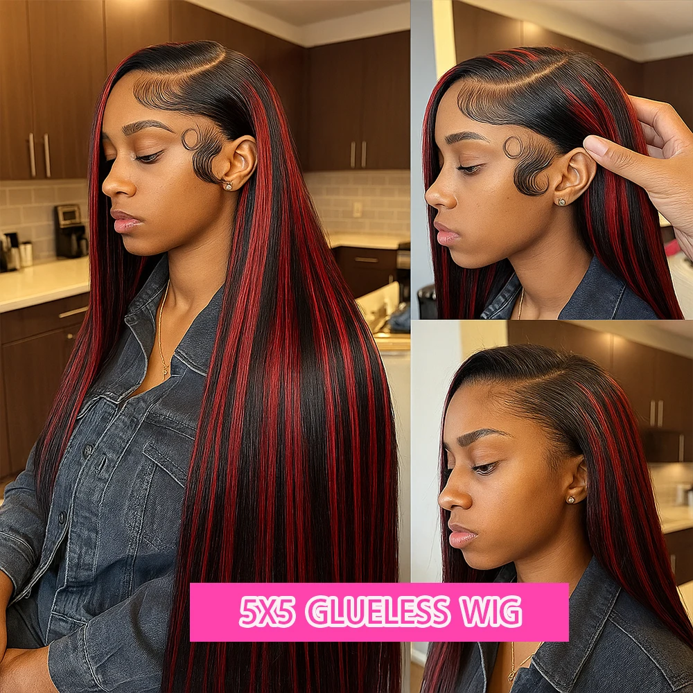 No Silk 1B/99J Highlight Straight 5x5 Glueless Wig Human Hair Vietnamese PrePlucked Ombre Red With Black Colored Lace Front Wigs image 2
