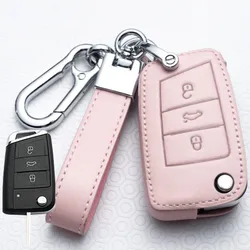 Pink Flip Remote Car Key Case Cover Holder Fob For VW Polo Golf 7 MK7 Tiguan Leather