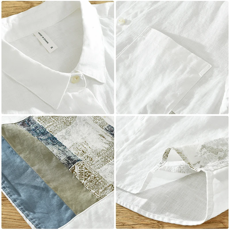 Designer New Short Sleeve Patchwork Casual Linen Shirt Men Brand Trend Breathable Top Clothes Chemise Homme Camisa Masculina