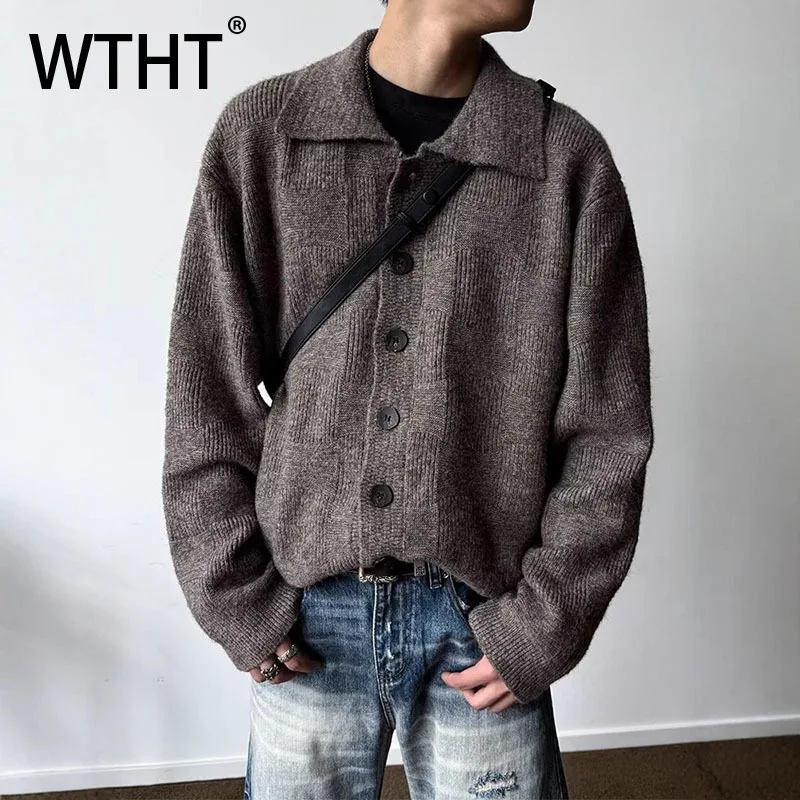 

WTHT модные мужские однотонные вязаные свободные повседневные пальто, модные осенние однобортные куртки в корейском стиле с лацканами, мужские 2A2013