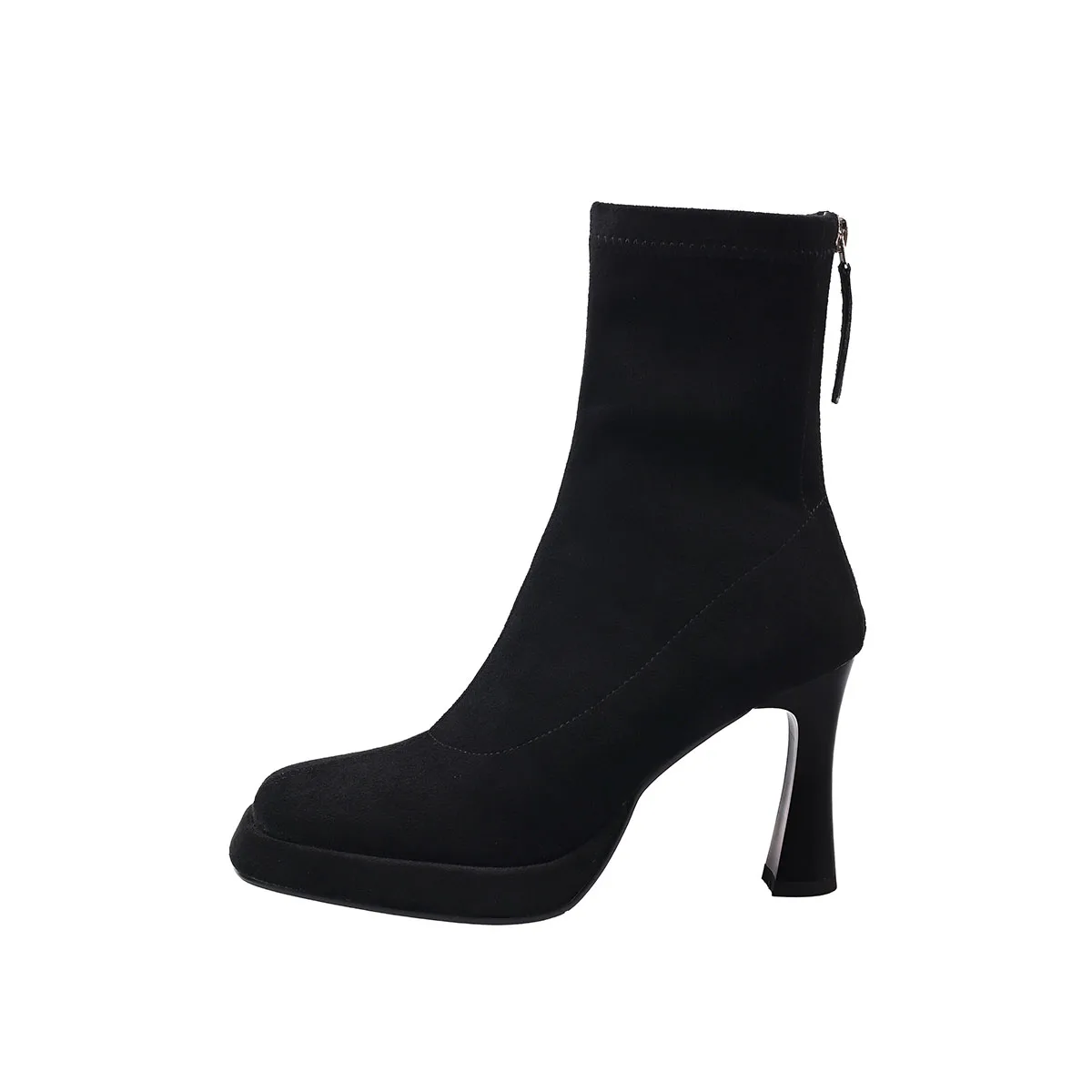 

Arden Furtado Autumn Elastic Suede Platform skinny boots square toe Back zipper Chunky heels short boot large size Women's Boots