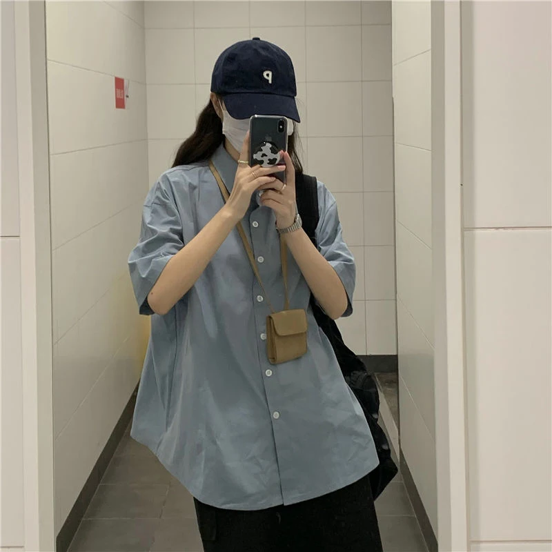 GIDYQ Korean Women White Shirt Elegant Casual Female Loose Short Sleeve Tops College Style All Match Student Button Shirt New