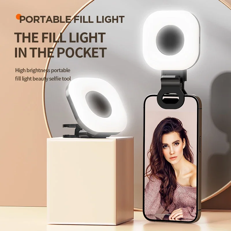 ミニLEDスマートフォン自撮りフィルライト、3つのモードと調整可能な明るさクリップ付き、TikTokカメラ、モバイルiPad用ポータブルビデオライト