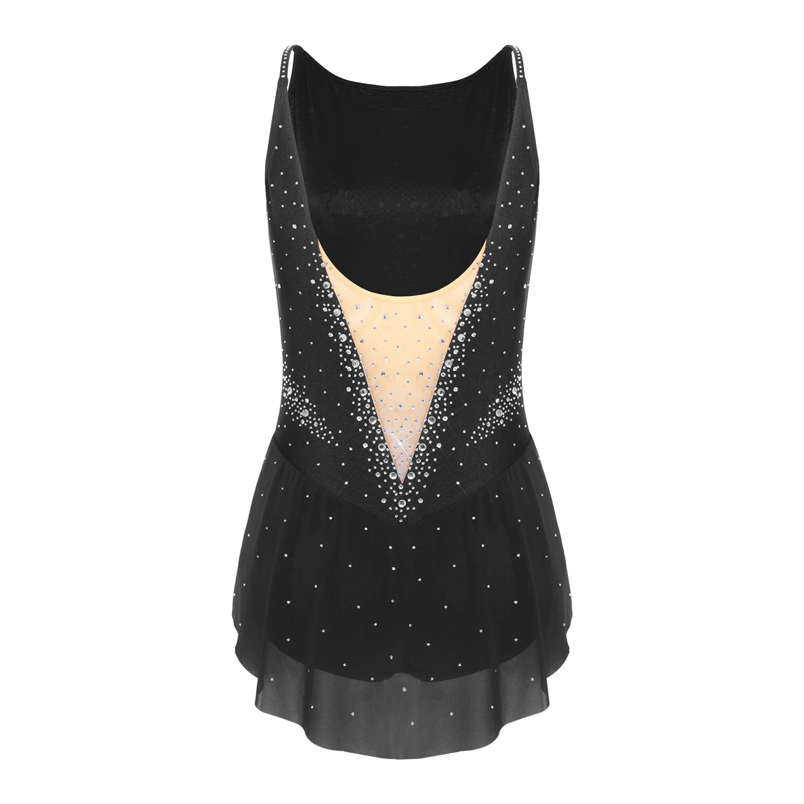 Damen-Gymnastik- und Eiskunstlauf-Ballett-Trikot mit Strasssteinen und unregelmäßigem Netzsaum, ärmellos, rückenfrei, einteiliger Jumpsuit – Detail 14