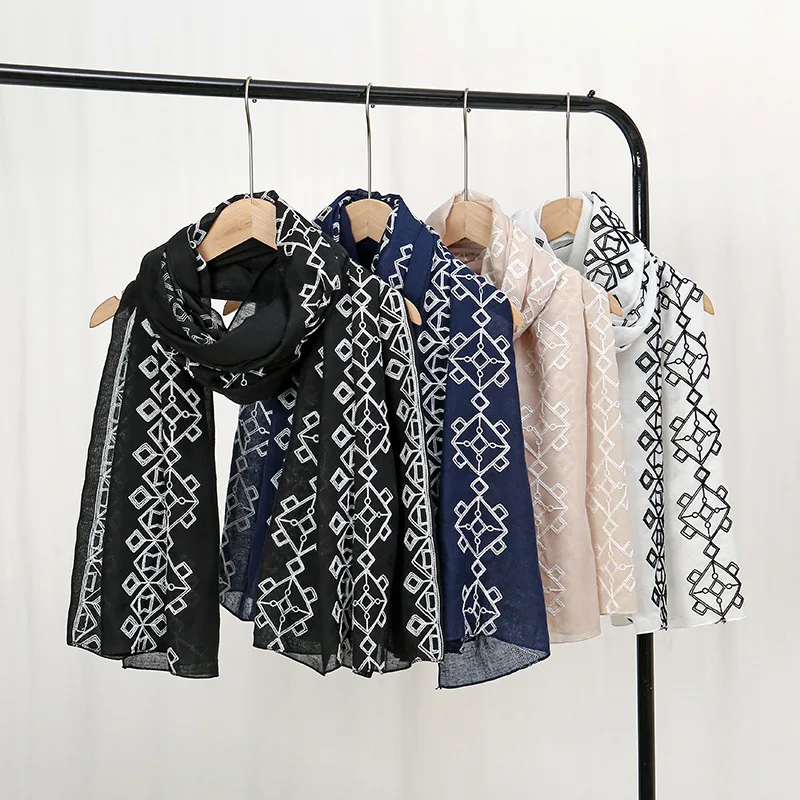 

2024 Plain Embroider Geometric Plaid Scarf Women Fashion Long Viscose Scarves Lady Stitch Shawls and Wraps Muslim Hijab Foulards