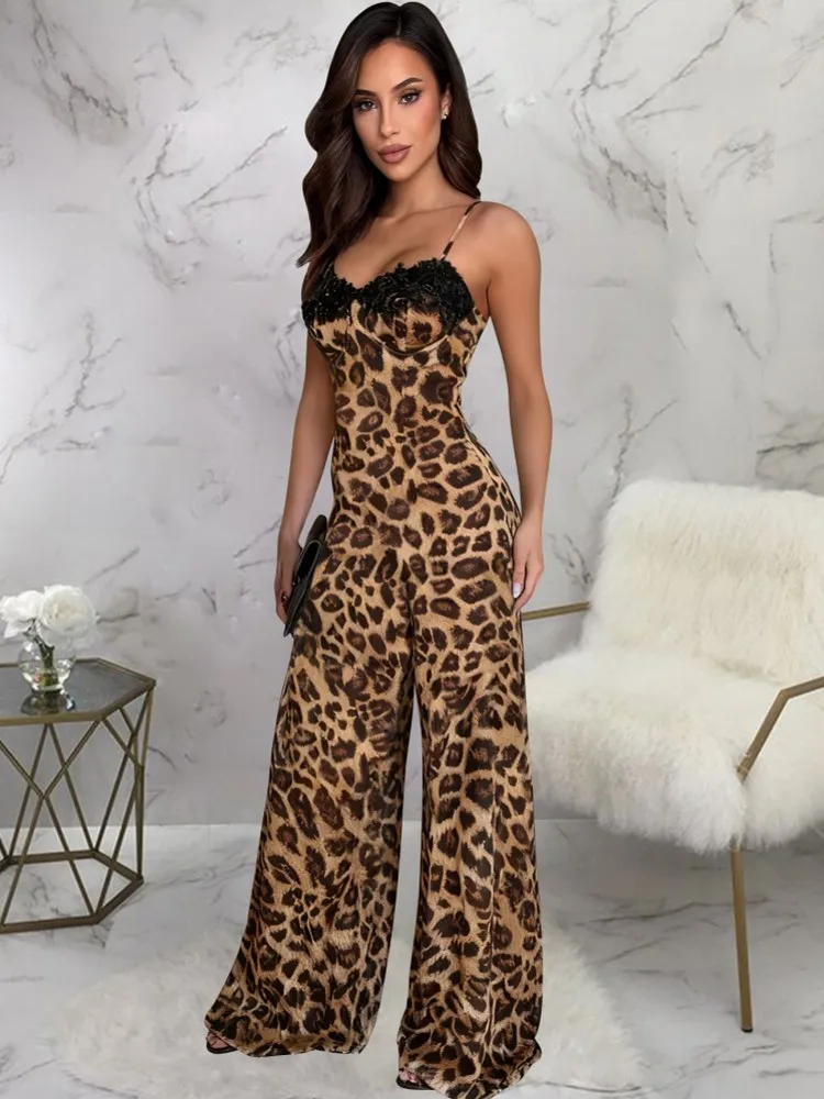 ليوبارد طباعة الدانتيل النساء حللا للصيف السباغيتي حزام فضفاض موضة الشارع الشهير وزرة بنطال ذو قصة أرجل واسعة بنطلون 2025