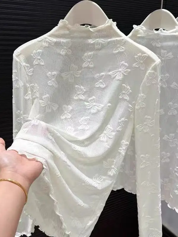 Ruffle Lace Base Shirt Women's Thin Half High Collar Mesh Top Autumn Winter Knitted Sweater Layering Inner Wear Breathable Po...