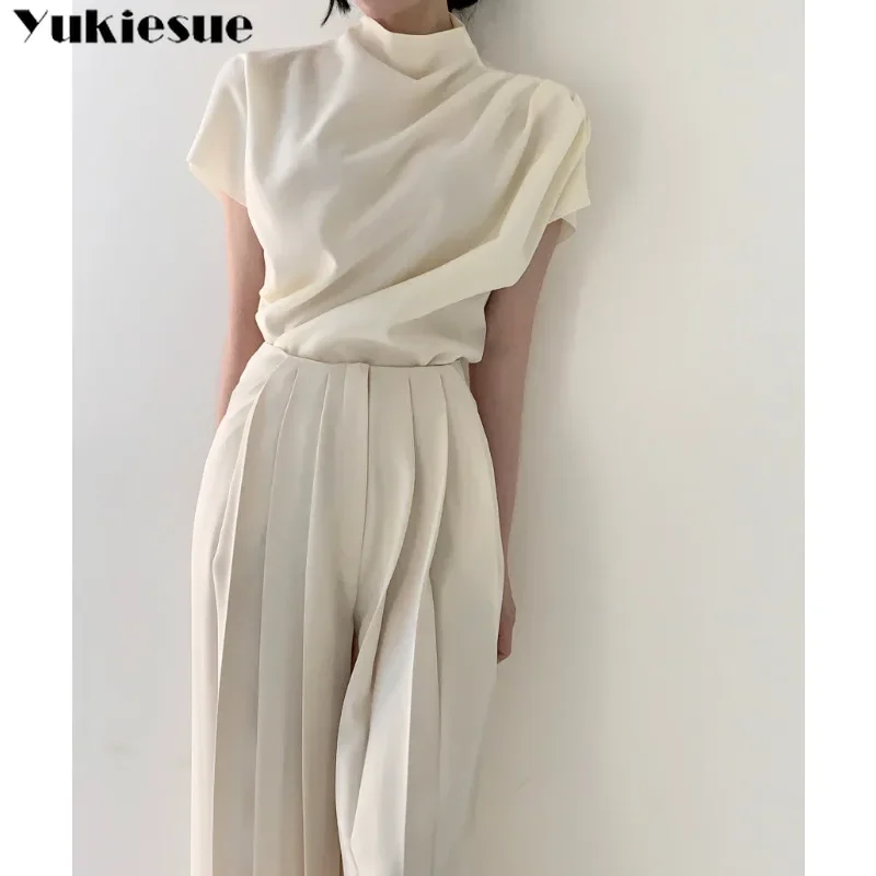 Temperament Irregular Solid Small Stand Collar Design Top Women+Elegant Pleated Casual Trousers Korean Chic Summer French Simple