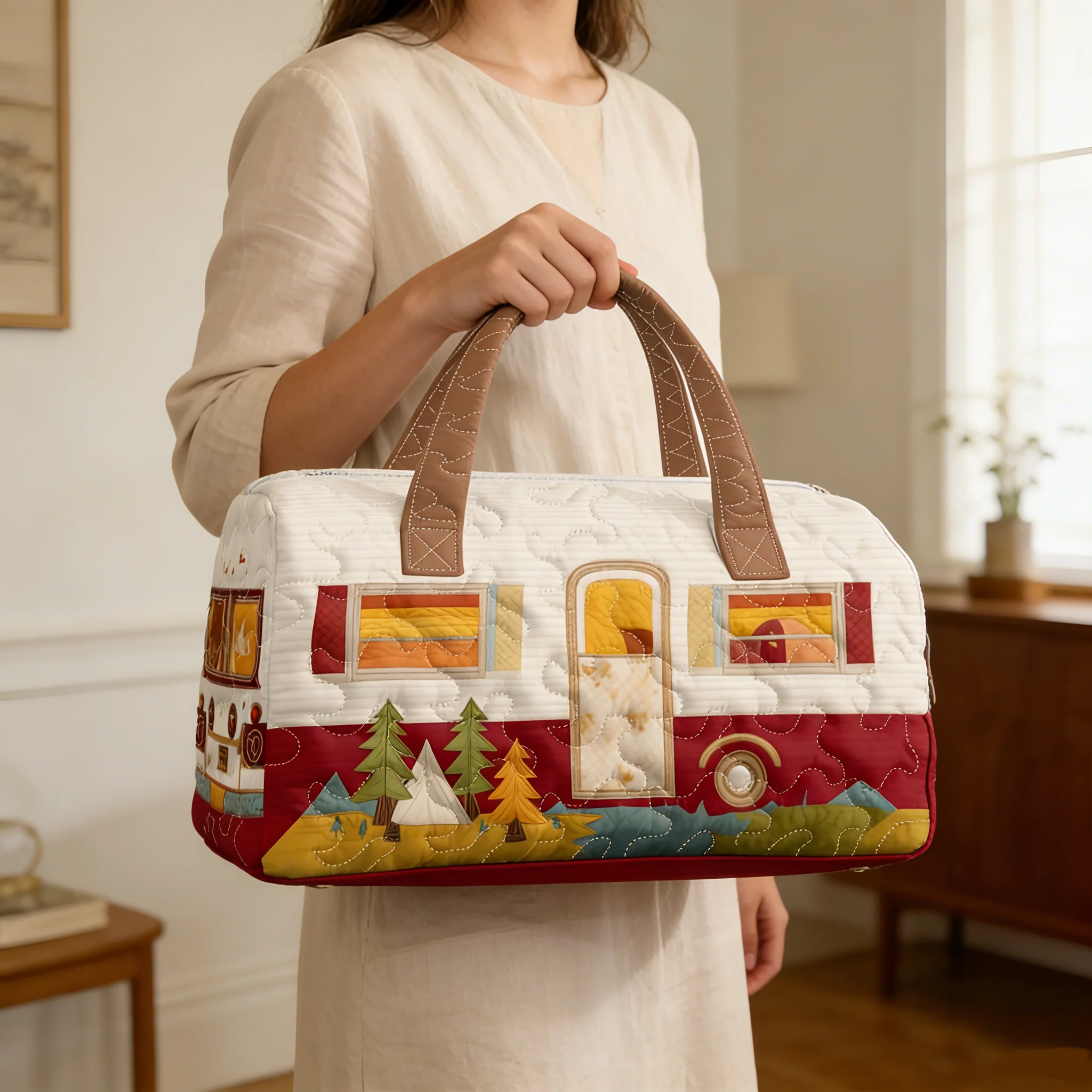 

Camper Van Print Quilted Duffel Bag Large Capacity Lightweight Travel Overnight Weekend Camping Gym Carry On Bag for Men Women