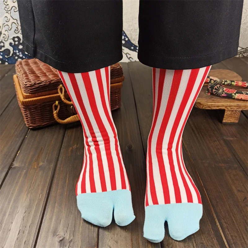 Bright Silk Ribbed Colored Vertical Stripes Retro Combed Cotton Split Toe Woman Socks Soft Two-Toed Japanese Women's Tabi Sox
