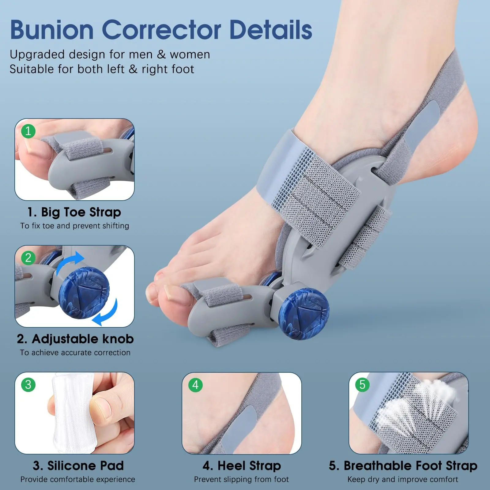 

Корректор Hallux Valgus унисекс — регулируемая шина для бурсита стопы с силиконовой подушечкой для облегчения боли и выравнивания пальцев ног, подходит как левый и