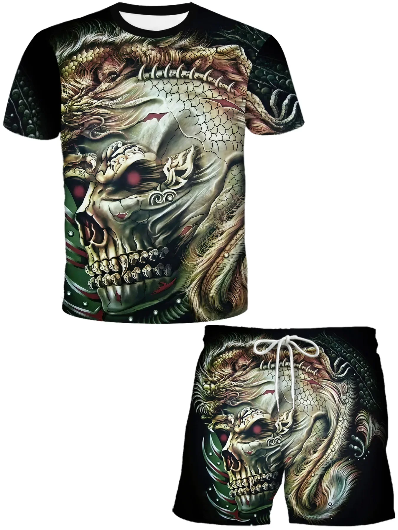 Orientalisches Drachenmuster mit dunklem Totenkopf als Kernmotiv, bedrucktes O-Ausschnitt-T-Shirt + Sportshorts, zweiteiliges Set, lässige Mode für Herren