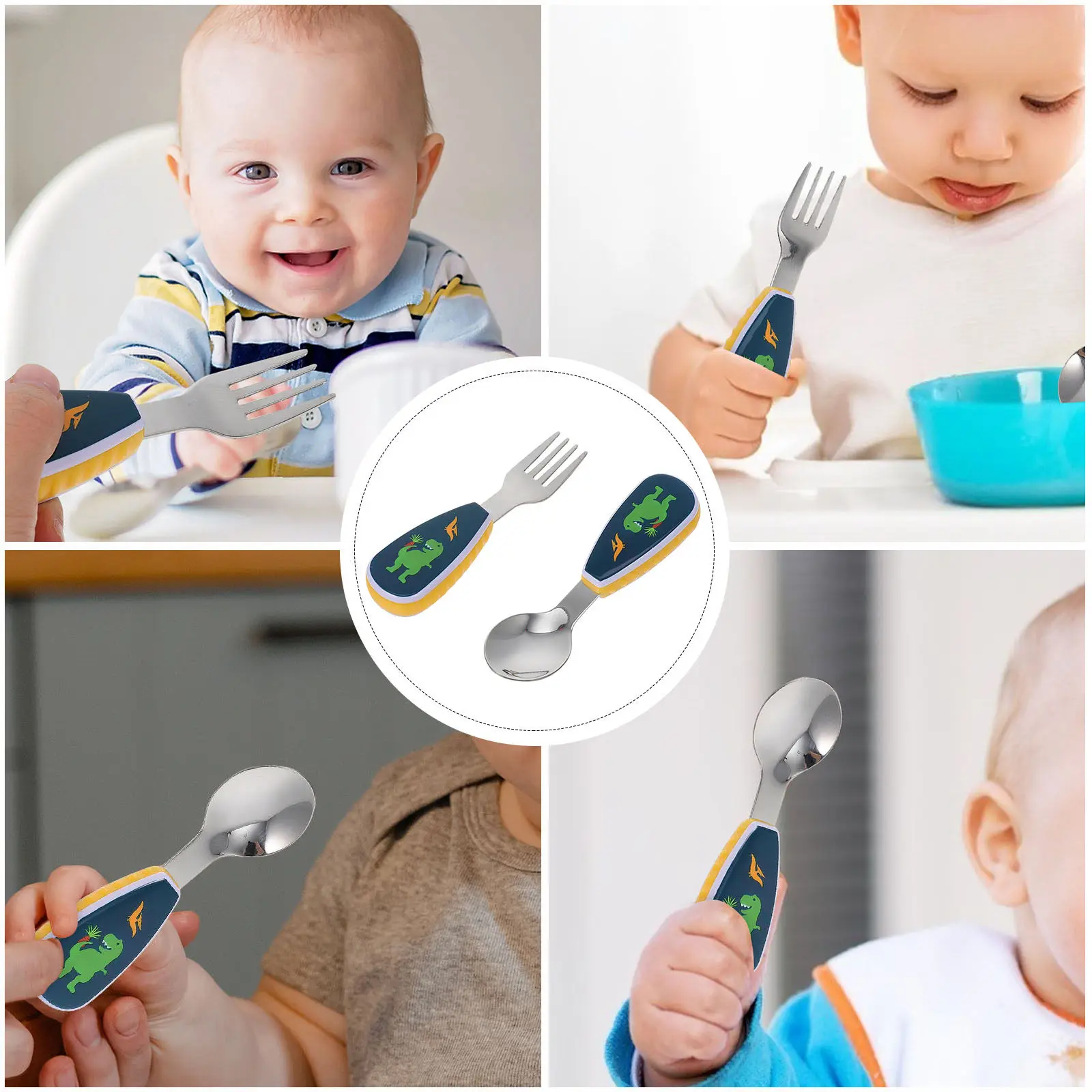 Baby Dining Utensils Stainless Steel Spoon Fork Set Cartoon Design Smooth Edges Lightweight Portable