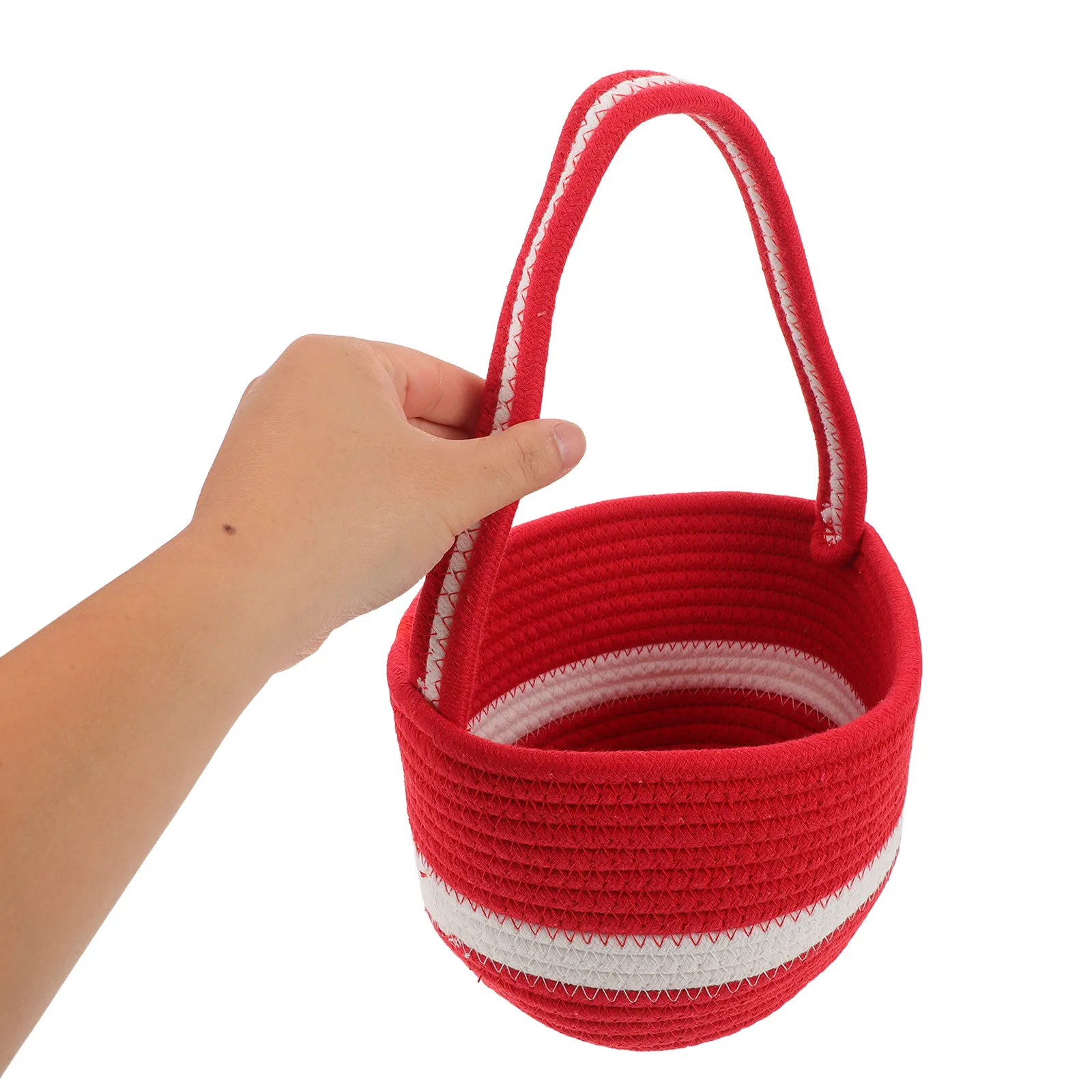 Holiday Woven Cotton Rope Basket Small Red Foldable Desktop Organizer with Handles Multipurpose Snack Sundries Storage 7.8 by