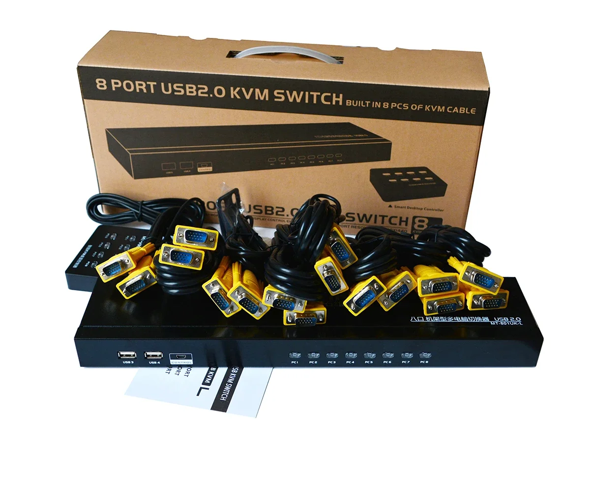 MT-VIKI 8-Port KVM Switch VGA Rack Console 8x1 Switcher 1080P with 8-Pack Cables - 8 in 1 out