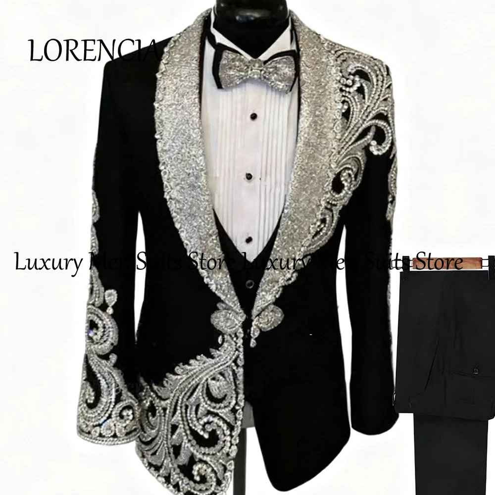 

Luxury Diamond Men Suits 3 Pieces Shawl Collar Wedding Party Groom Tuxedos Set Customized Blazer Pants Vest trajes para hombre