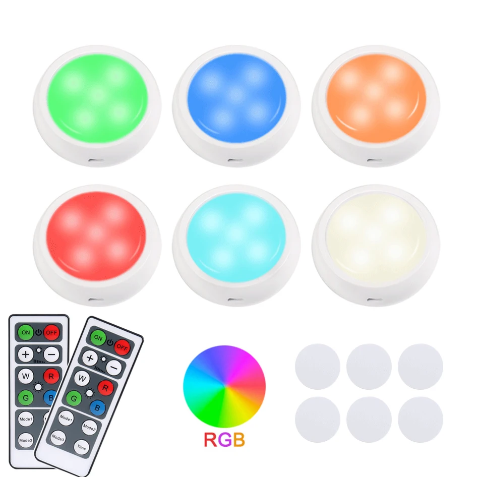 

Wireless LED Under Cabinet Light Dimmable Touch Sensor RGB LED Puck Lamp For Cupboard Wardrobe Stair Closet Hallway Night Lamp