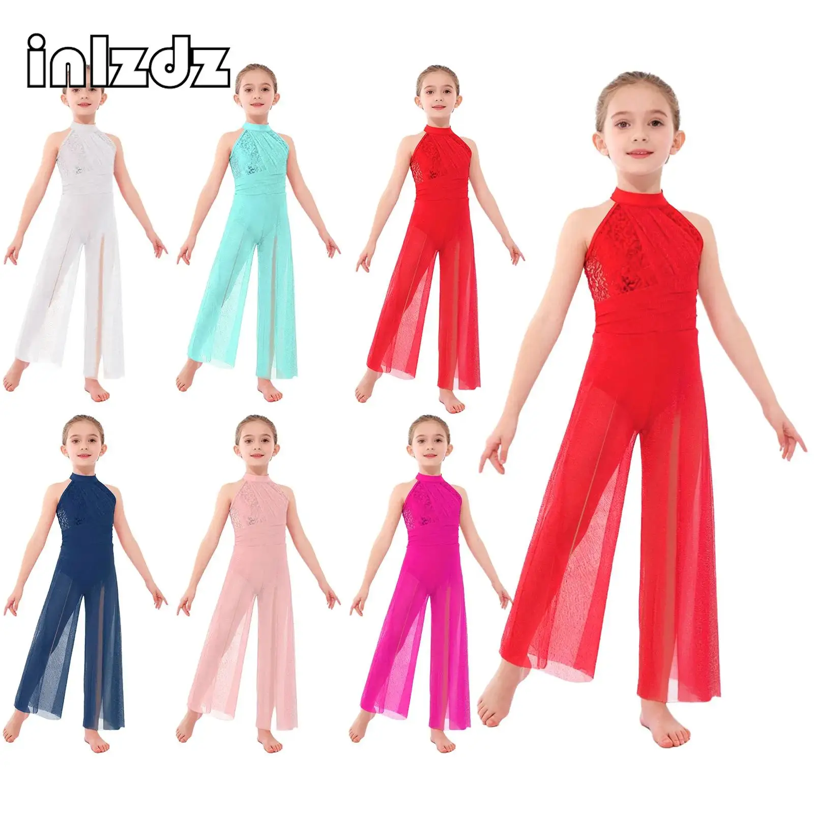

Kids Girls Lyrical Modern Dance Performance Jumpsuit Sleeveless Sequins Bodice Shimmery Mesh Split Wide-Leg Bodysuit Costumes