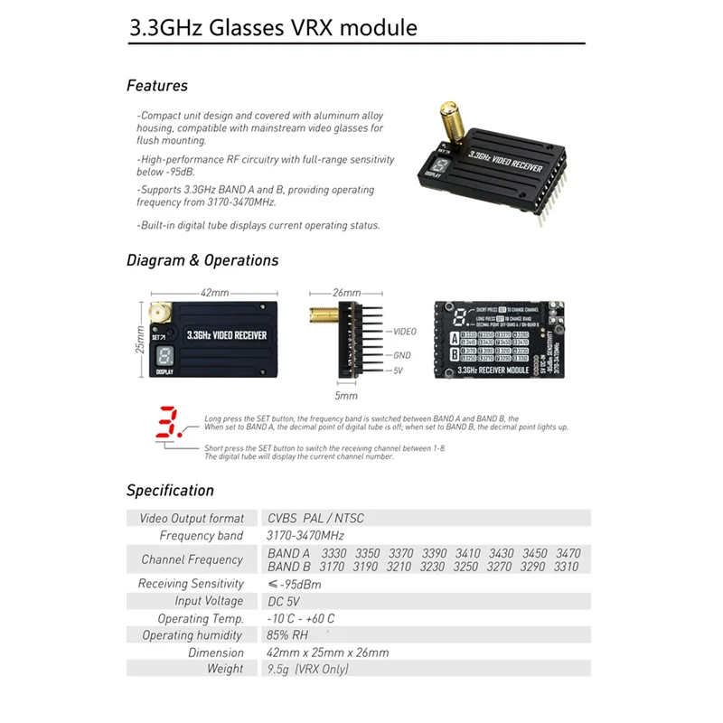 Gafas New-3.3G 4W, módulo VRX, receptor de vídeo CVBS PAL/NTSC, compatible con banda A de 3,3 Ghz, gafas de vídeo Andb Forfpv