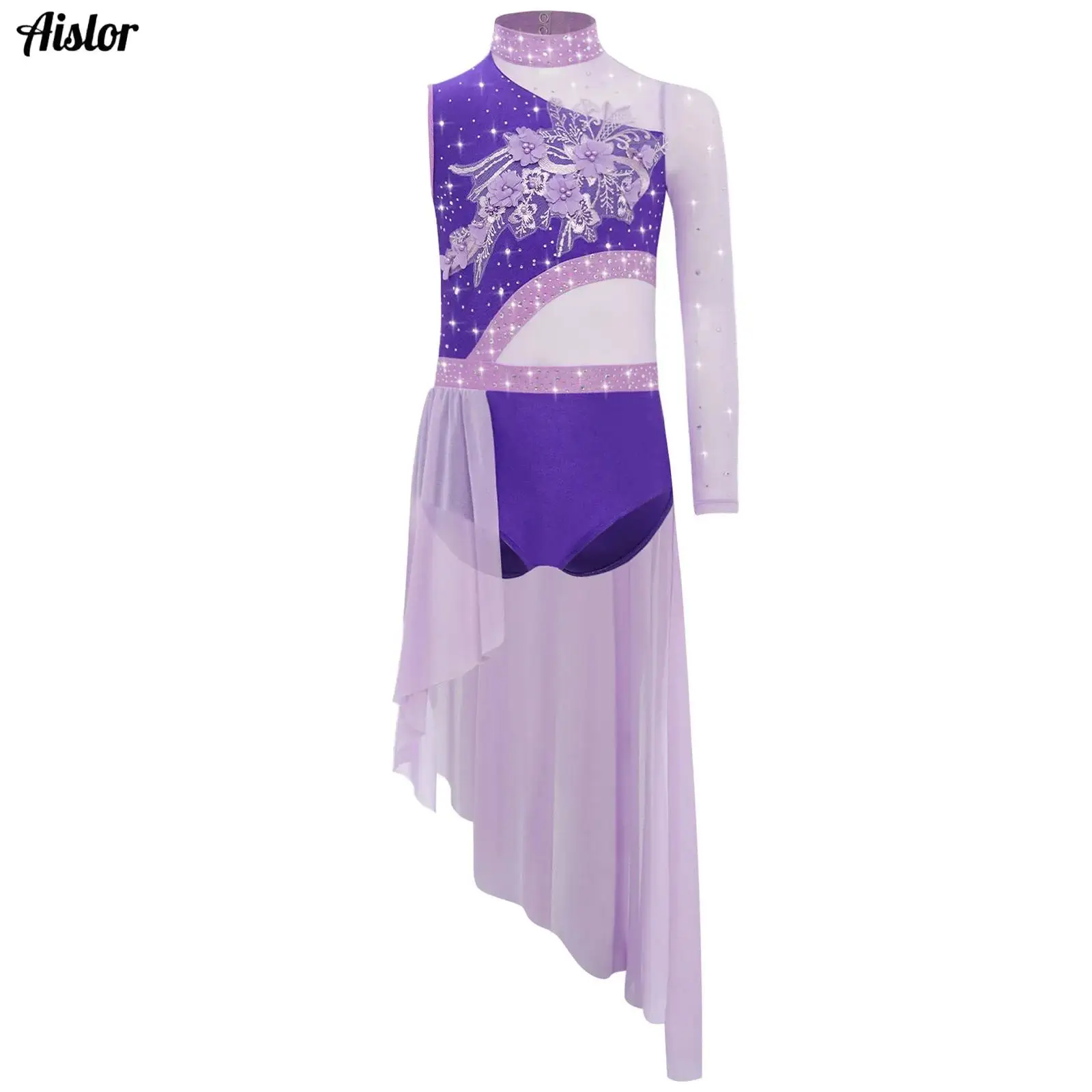 

Kids Girls Rhinestone Flower Applique Lyrical Dance Dress Single Sleeve Asymmetric Mesh Overlay Leotard Dress Ice Skating Dress