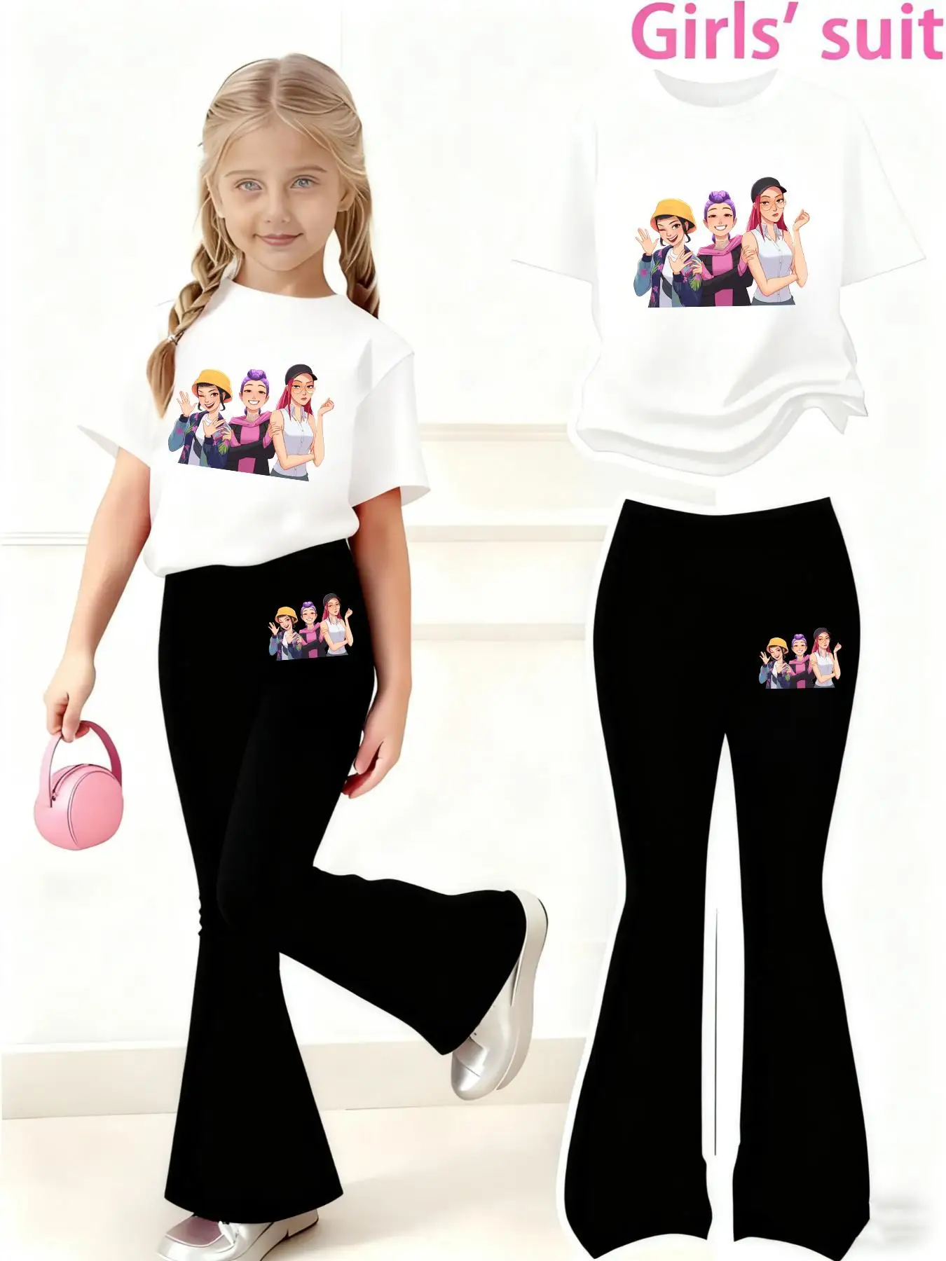 Sommerliches, kurzärmeliges Freizeitoutfit für Mädchen mit Anime-Charakter-Print, normales kurzärmeliges Oberteil und ausgestellte Hose, zweiteiliges Set, geeignet für Mädchen im Alter von 4–12 Jahren, vielseitige Kleidung für Zuhause und Ausflüge – Detail 3