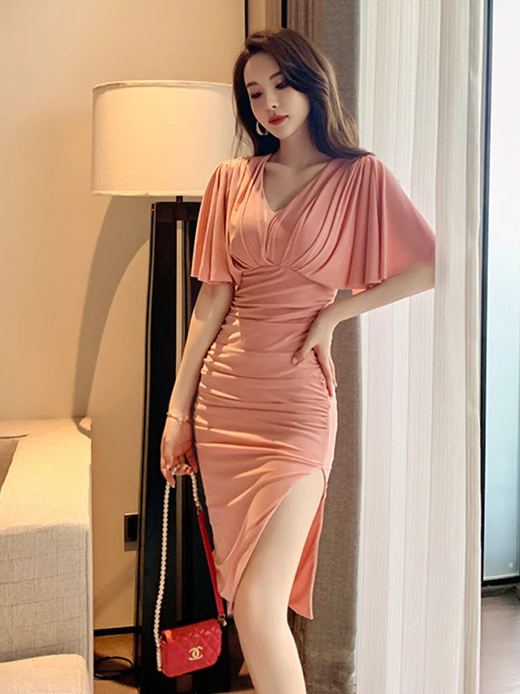 Elasticity Midi Dress Women Pink Solid Elegant Ladies Clothes Batwing Sleeve Folds Waist Bodycon Slit Robe Sexy Sweet Vestidos