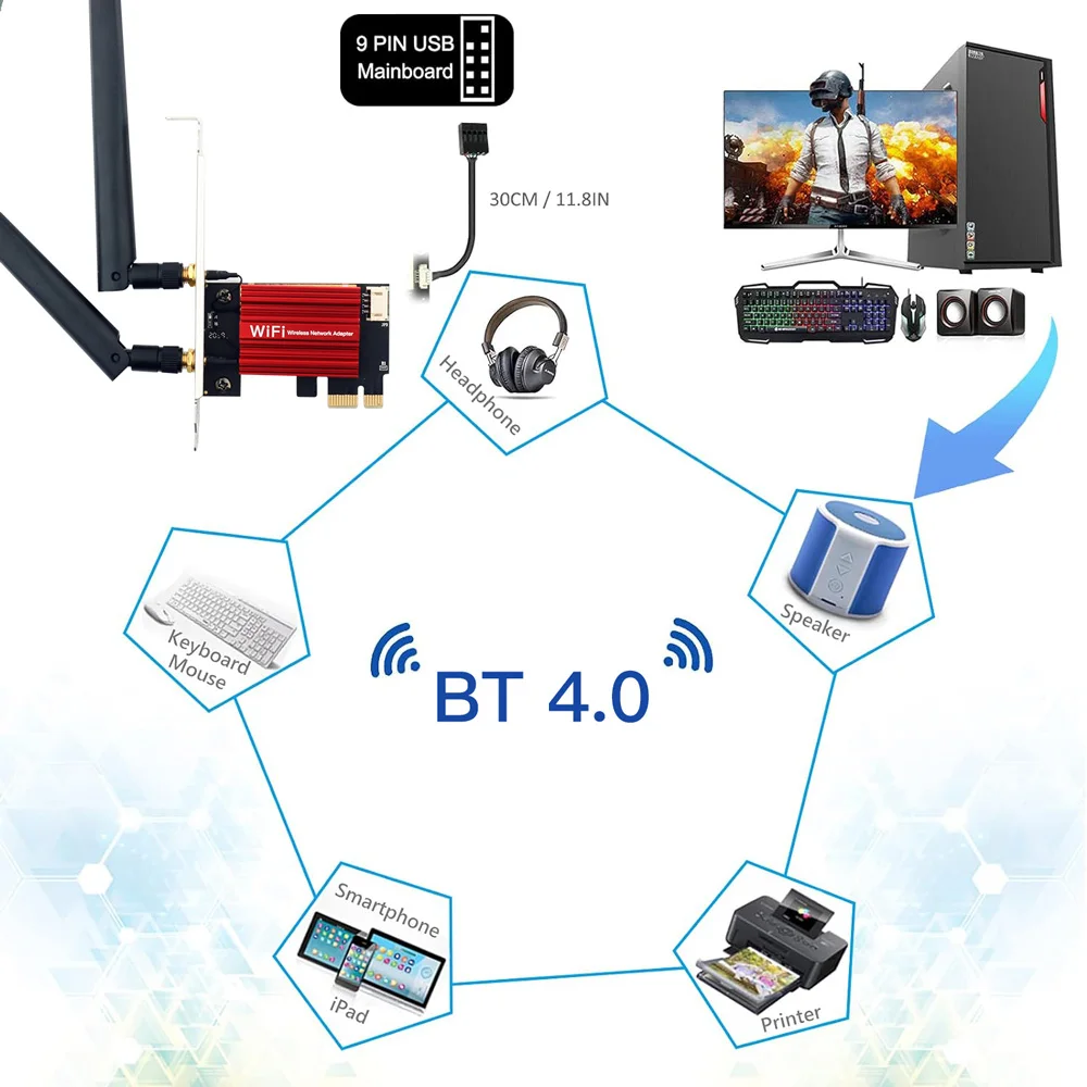 WiFi 5 AC1200 PCI-E Wireless Adapter Network Card BT 4.0 Dual Band 2.4G/5GHz 802.11AC Desktop Laptop PC For Windows 7/8/10/11